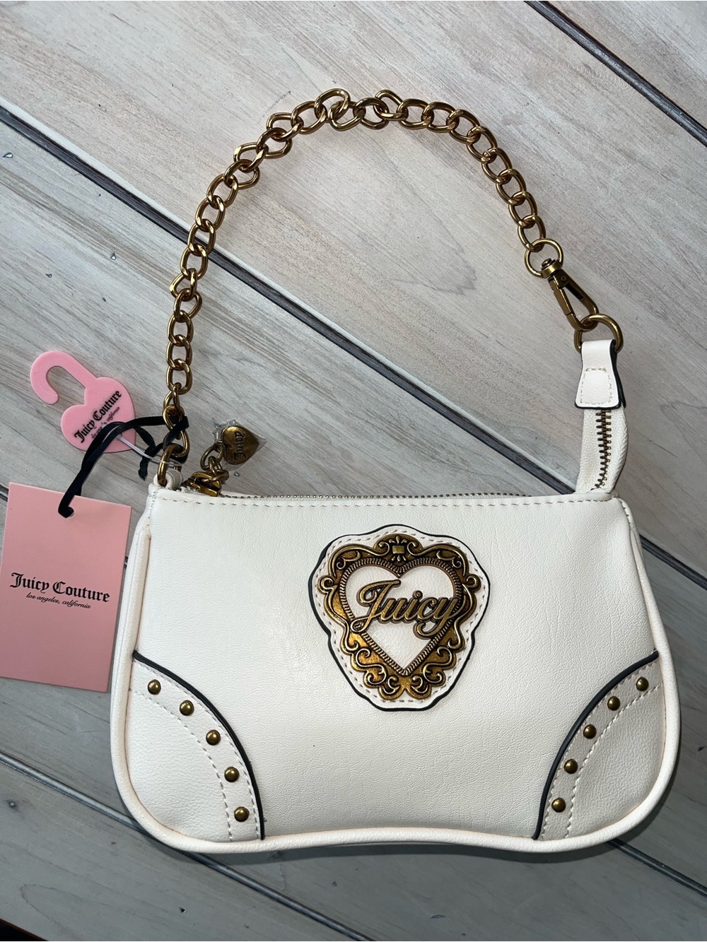 Juicy Couture Off White Mini Shoulder Bag with Bronze tone Chain